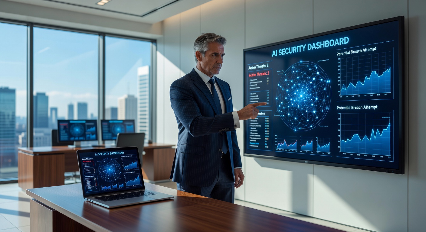 IT-Sicherheitsverantwortlicher analysiert AI-Agent-Sicherheitsdashboards im Bankumfeld