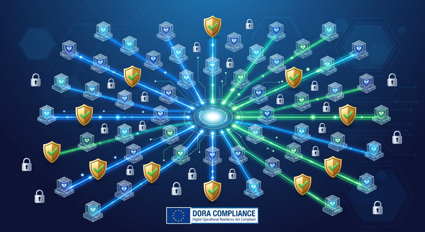 Abstrakte Darstellung vernetzter KI-Agenten mit Sicherheitsebenen im Finanzsektor