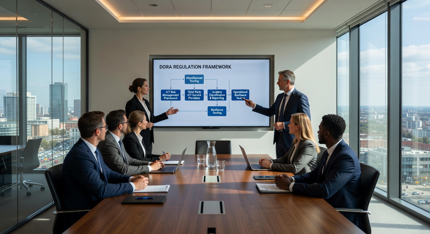 Führungsteam einer Bank diskutiert KI-Governance-Strategie im Kontext der DORA-Verordnung