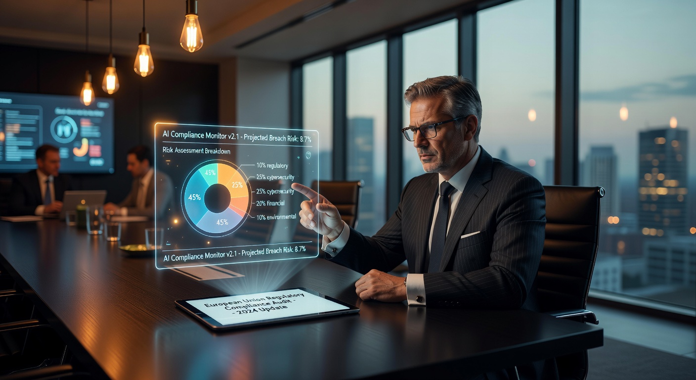 Geschäftsführer prüft KI-Governance und Compliance-Dokumente im Vorstandsbüro