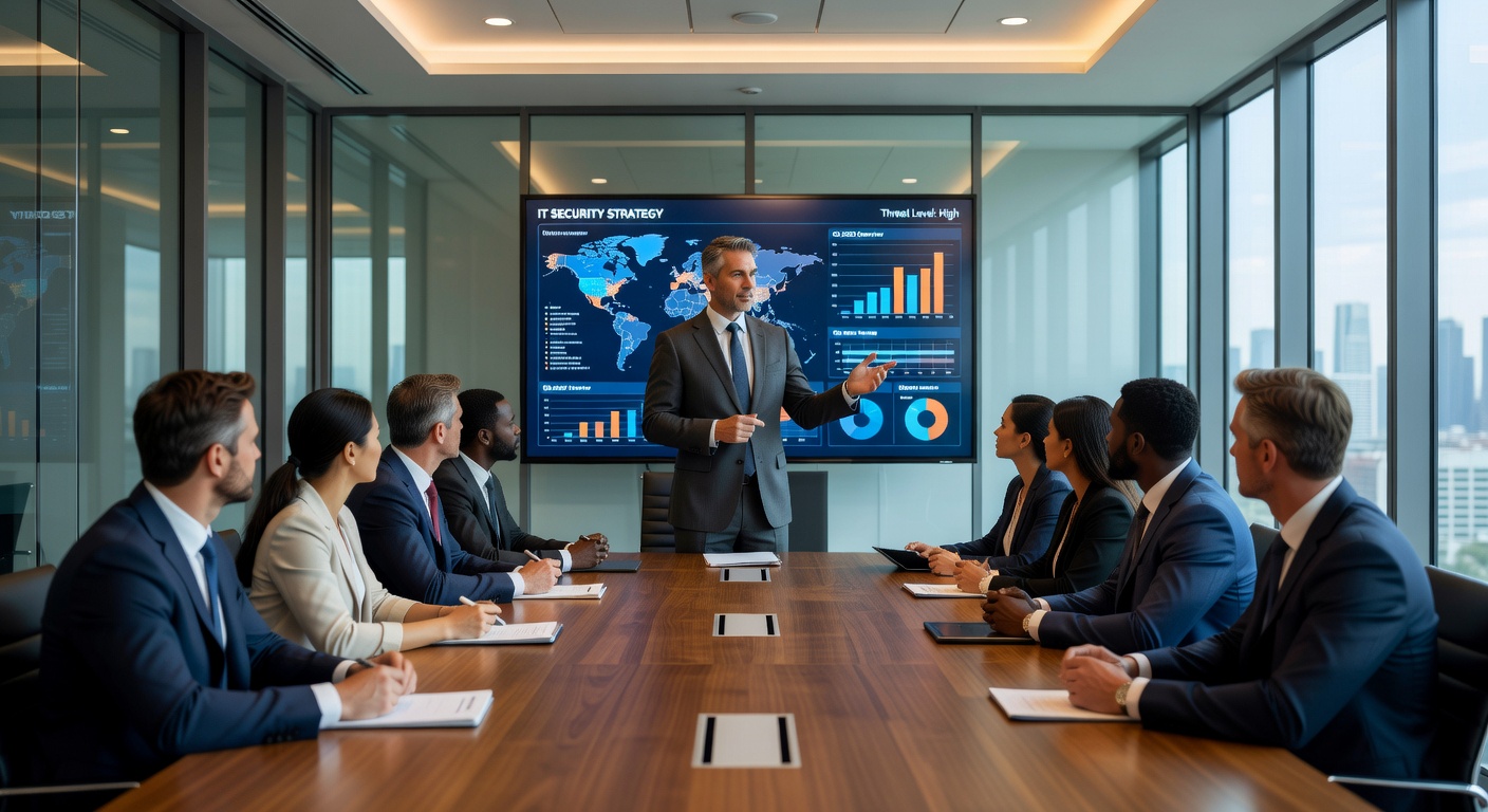 Führungskraft präsentiert IT-Sicherheitsstrategie im Vorstandsmeeting