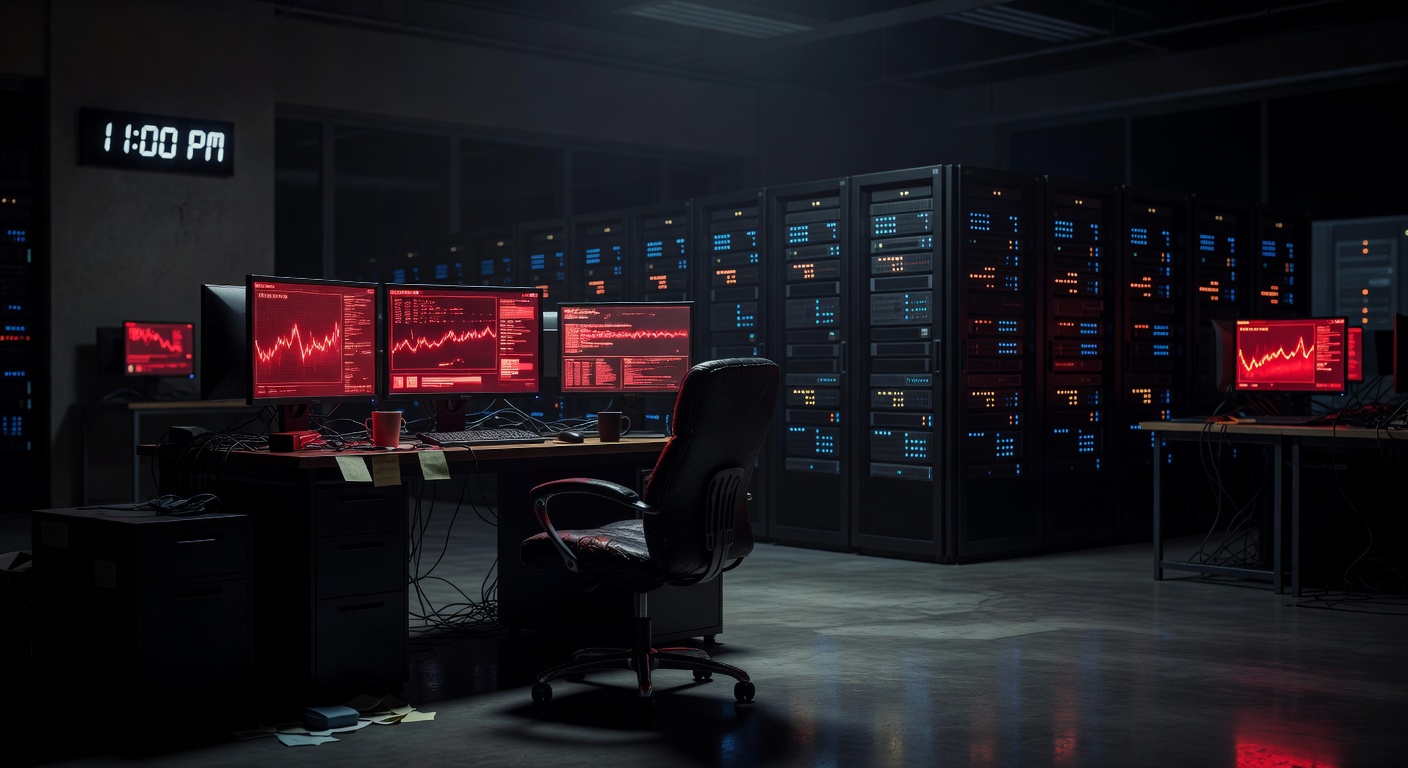 Verlassener Serverraum bei Nacht mit Warnsignalen - niemand erreichbar beim Nearshoring-Incident