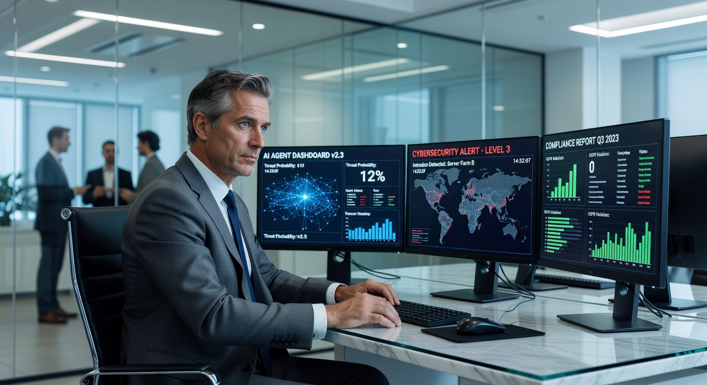 IT-Sicherheitsverantwortlicher in einer Bank überwacht AI-Agent-Dashboards und Compliance-Reports