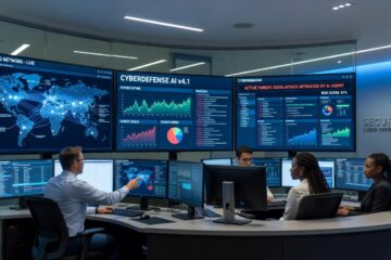 Modernes IT-Security Operations Center einer Bank mit KI-Agent-Monitoring-Dashboards