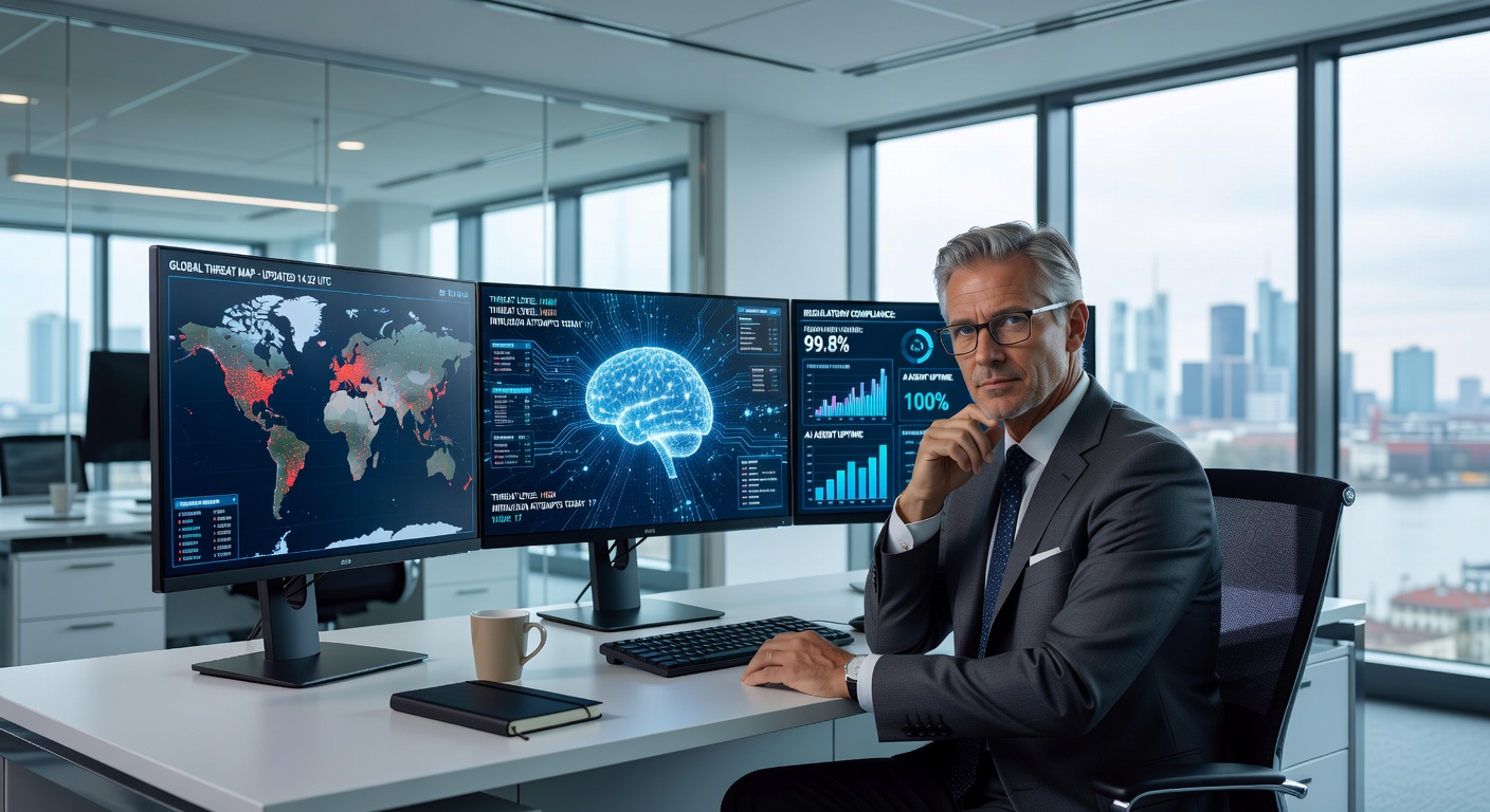 IT-Sicherheitsexperte analysiert AI Agent Security Dashboards in einer modernen Bankumgebung