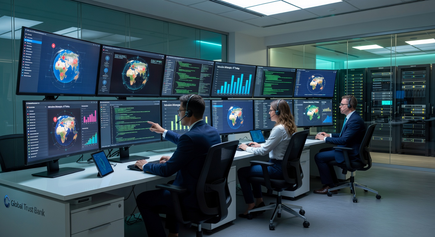 IT-Security Operations Center einer Bank mit AI-Agent-Monitoring-Dashboards