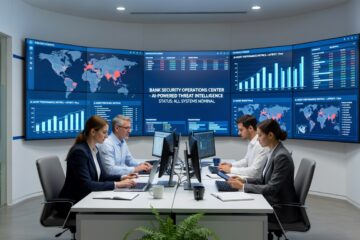 IT-Sicherheitsteam einer Bank überwacht AI-Agent-Aktivitäten auf Monitoring-Dashboards