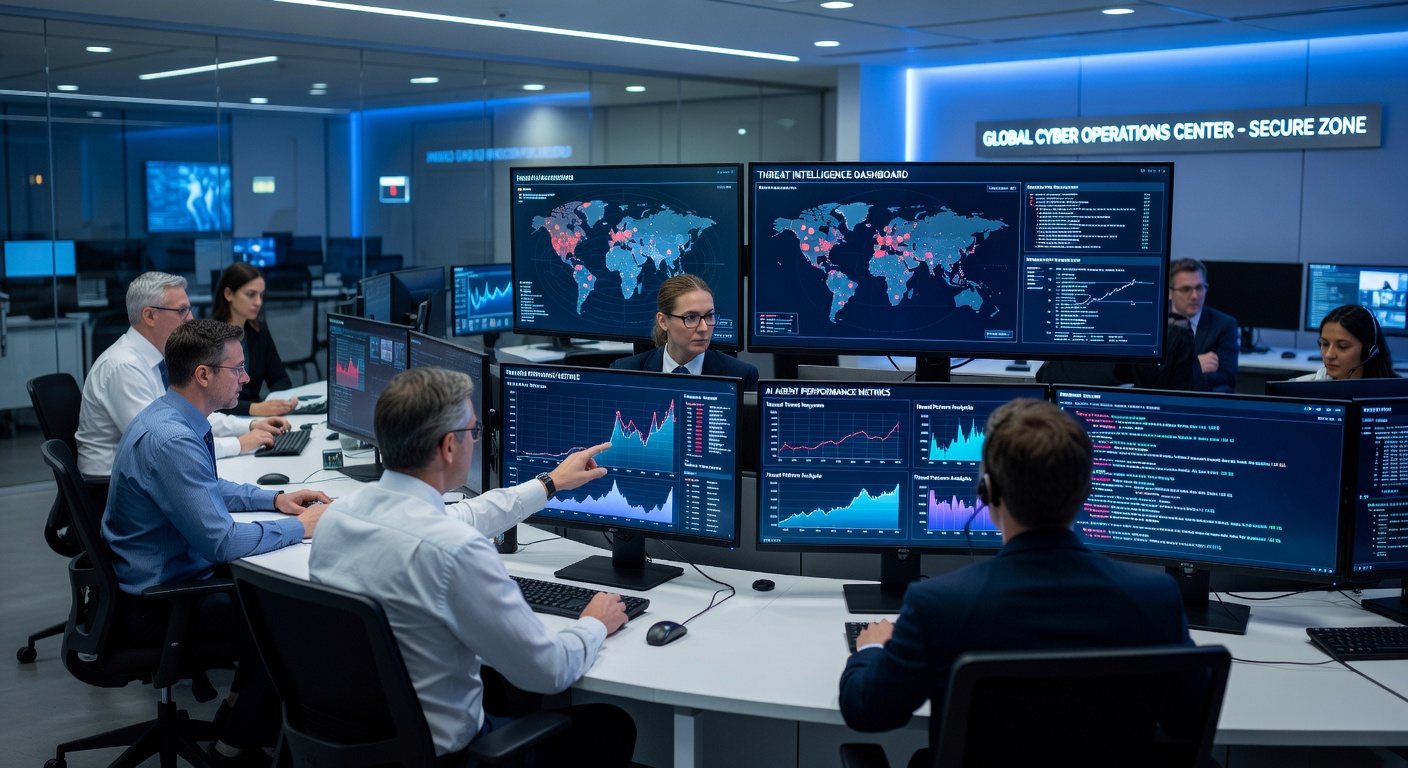 IT-Sicherheitszentrale einer Bank mit KI-Agent-Monitoring und Cybersecurity-Dashboards