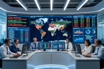 IT-Sicherheitsexperten in einem modernen Security Operations Center überwachen KI-Agenten-Aktivitäten auf großen Bildschirmen