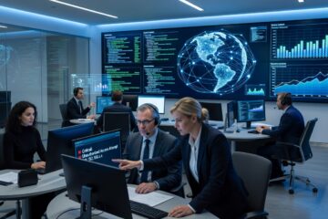 IT-Sicherheitsteam in einem modernen Bankrechenzentrum überwacht AI-Agent-Systeme auf mehreren Bildschirmen