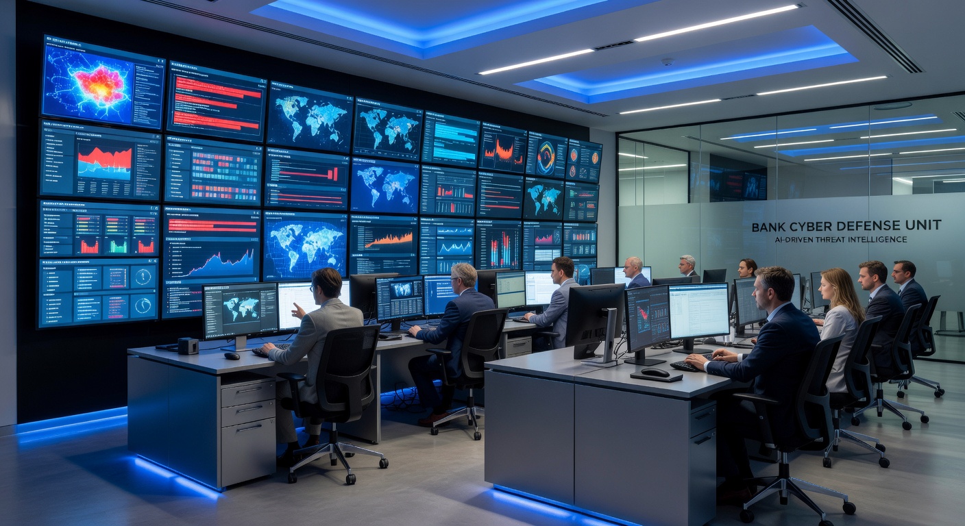 IT-Sicherheitsteam einer Bank überwacht KI-Agenten auf mehreren Bildschirmen im Security Operations Center