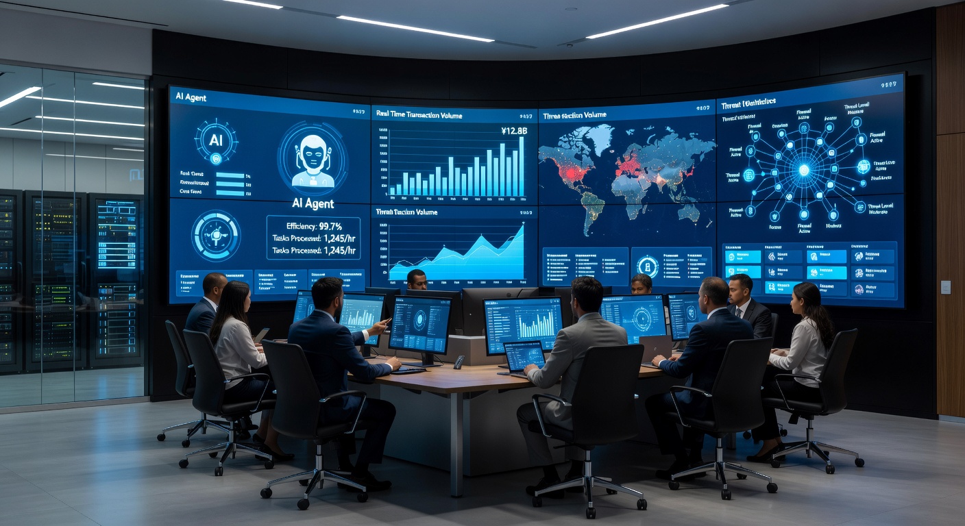 Modernes Bankoperationszentrum mit KI-Agent-Dashboards und Sicherheitsmonitoring auf mehreren Bildschirmen