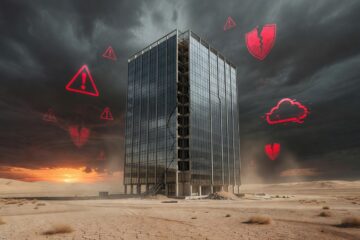 Beschädigtes Cloud-Rechenzentrum in Wüstenlandschaft als Symbol für geopolitische Cloud-Risiken