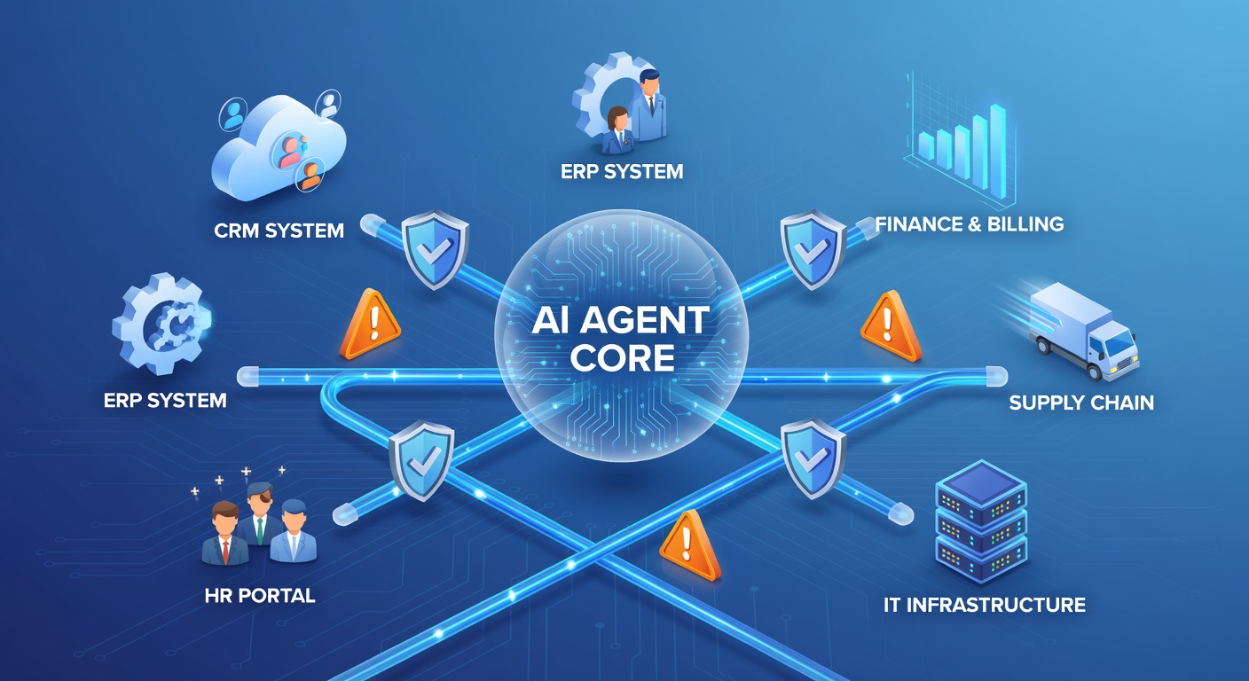 Illustration autonomer AI Agents mit Verbindungen zu Unternehmenssystemen und Sicherheitswarnungen