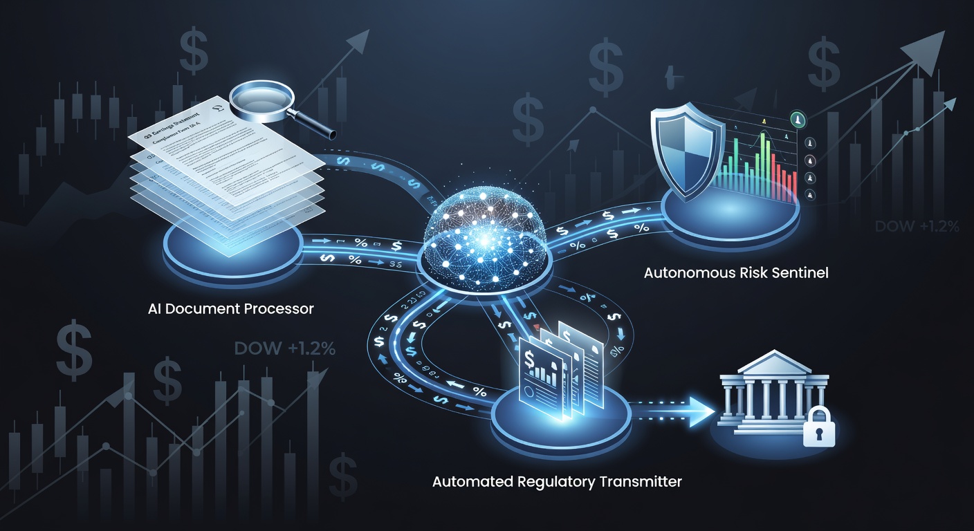 Konzeptionelle Darstellung von KI-Agenten die autonom Compliance-Aufgaben in der Finanzbranche ausfuehren