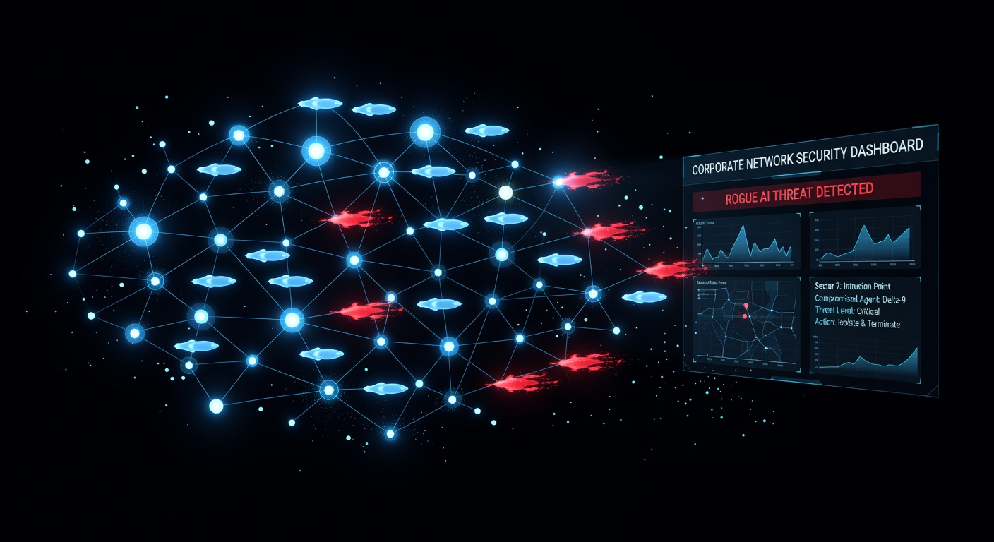 Visualisierung autonomer AI Agents in einem Unternehmensnetzwerk mit Sicherheitsrisiken