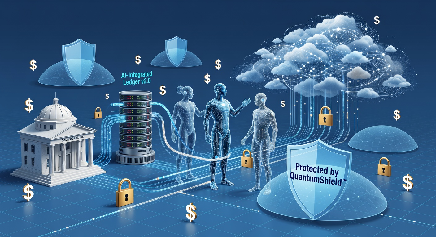 Konzeptdarstellung autonomer KI-Agenten die auf Banksysteme und Datenbanken zugreifen mit Sicherheitssymbolen