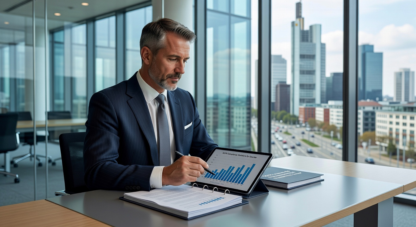 Europäischer Geschäftsmann prüft Compliance-Dokumente auf einem Tablet in einem modernen Büro im Finanzviertel