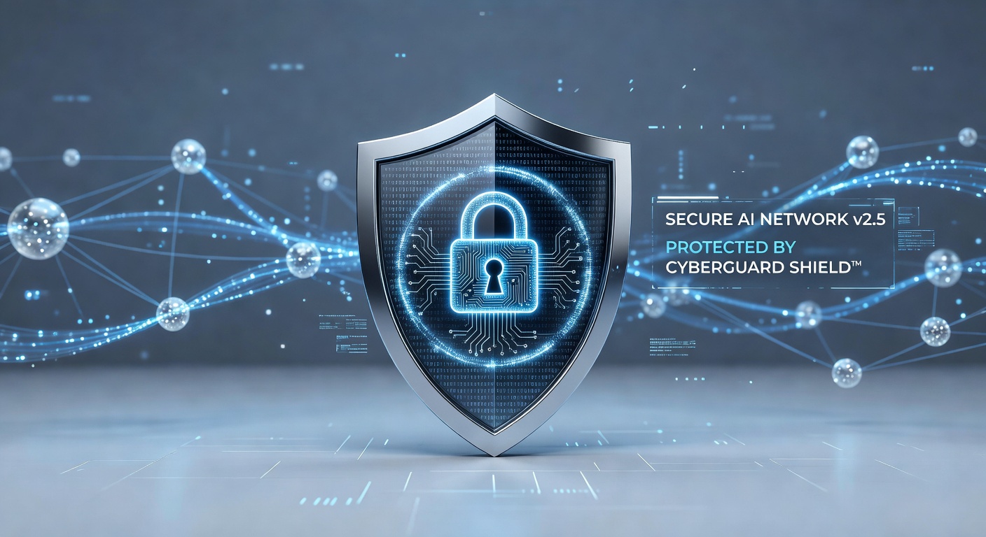 Digitales Schutzschild-Symbol schützt vernetzte KI-Knoten - Cybersecurity-Konzept für den Finanzsektor