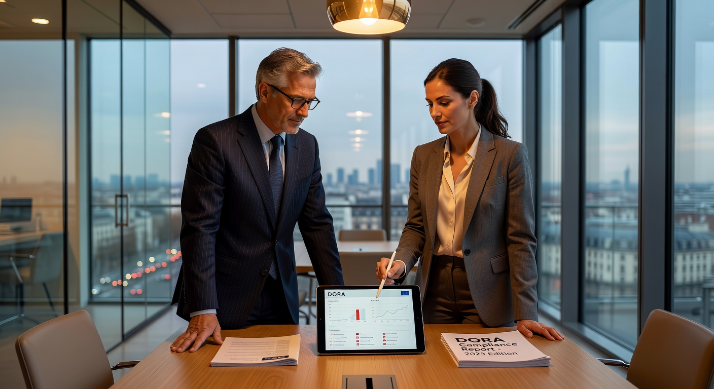 Geschäftsführer und IT-Berater prüfen DORA-Compliance-Dokumente im modernen Büro