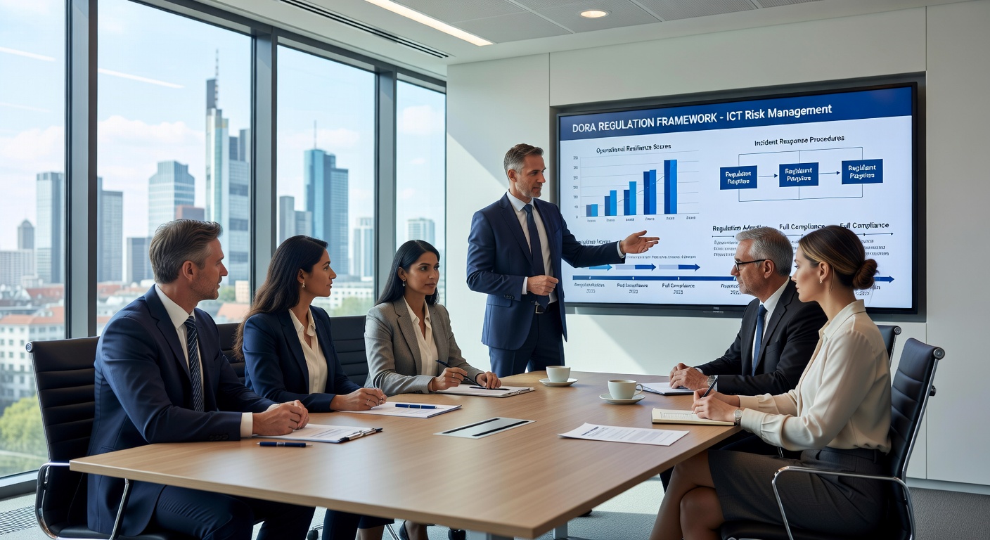 Geschäftsführer und IT-Leiter besprechen DORA-Compliance-Anforderungen in einem modernen Besprechungsraum