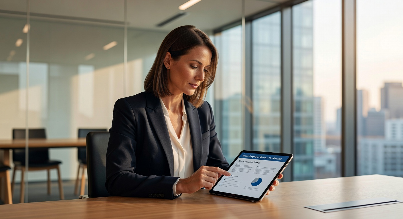 Geschäftsführerin prüft DORA-Compliance-Dokumente auf einem Tablet