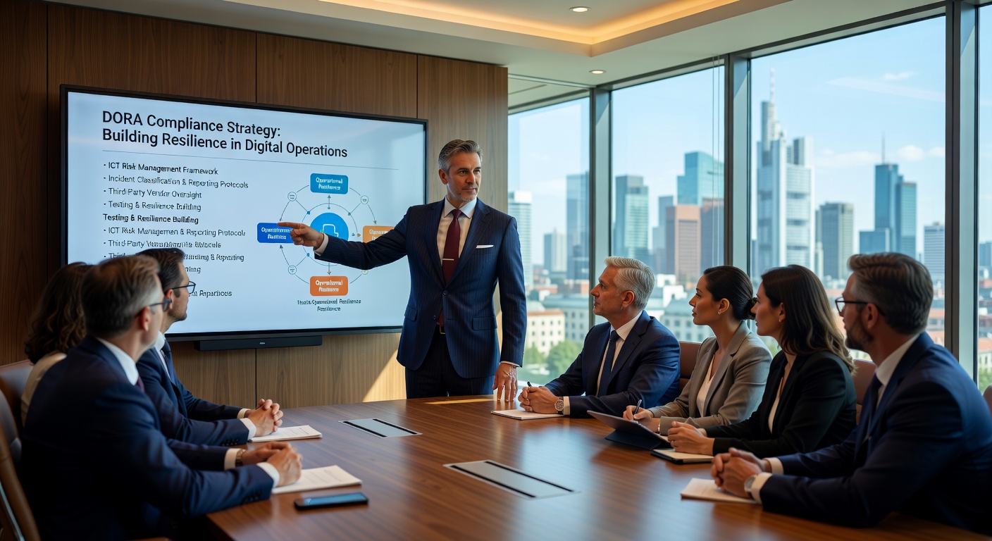 IT-Berater präsentiert DORA-Compliance-Strategie vor Bankvorstand