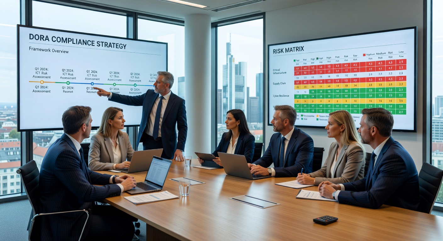 Geschäftsteam diskutiert DORA-Compliance-Strategie in einem modernen Konferenzraum
