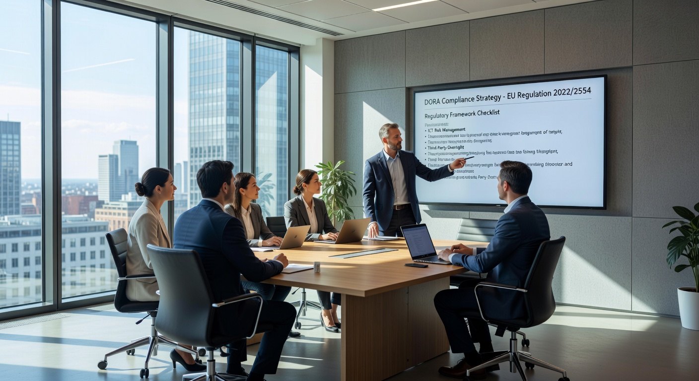Europäisches Business-Team diskutiert DORA-Compliance-Strategie im modernen Meetingraum