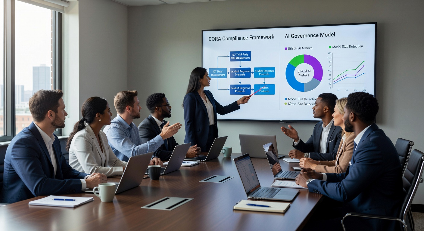 IT-Team diskutiert DORA-Compliance und AI-Governance-Strategie im Meeting-Raum