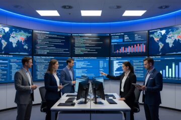 IT-Operations-Center einer Bank mit Cybersecurity-Dashboards und KI-Analytik zur DORA-Compliance-Ueberwachung