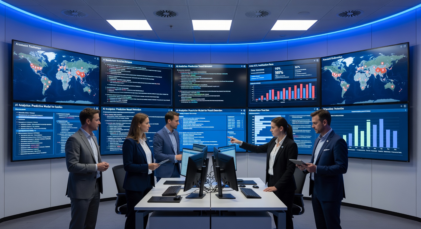 IT-Operations-Center einer Bank mit Cybersecurity-Dashboards und KI-Analytik zur DORA-Compliance-Ueberwachung