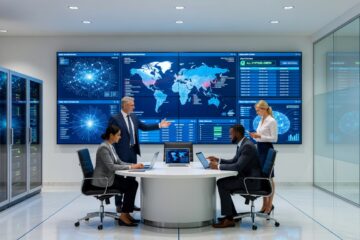 Modernes Bank-Operations-Center mit Cybersecurity-Dashboards und KI-Monitoring