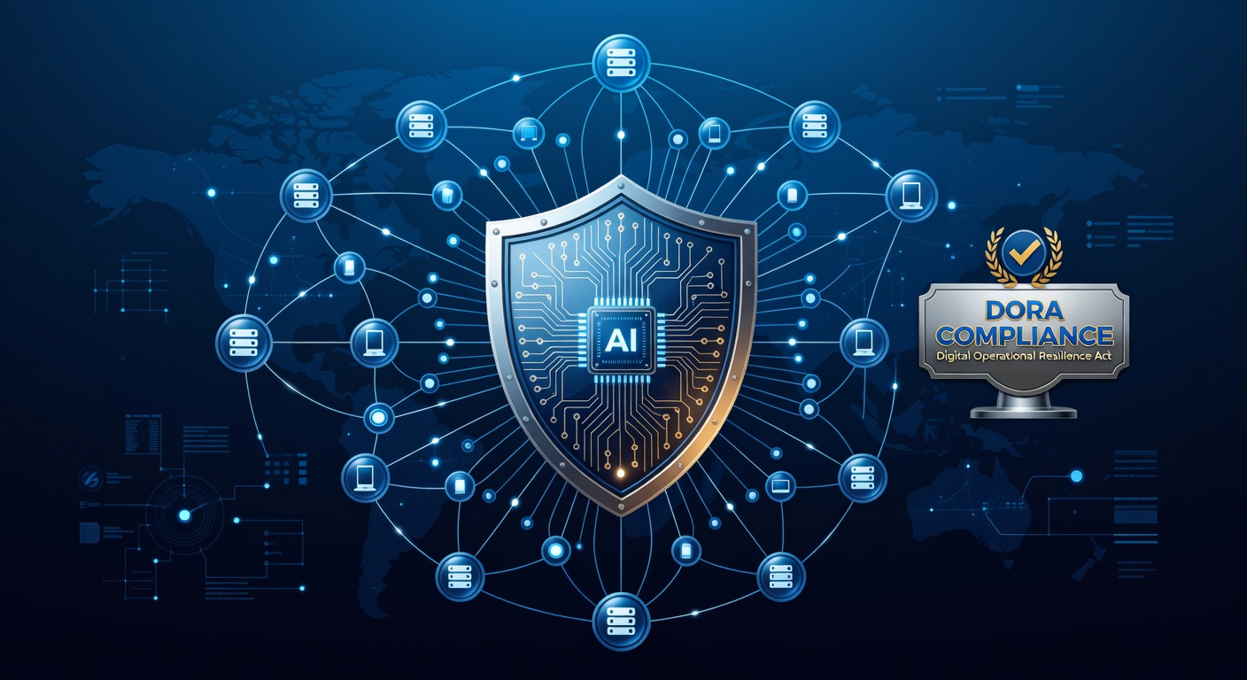 Digitale Illustration eines Schutzschilds über einem Netzwerk verbundener KI-Knoten als Symbol für DORA-Compliance