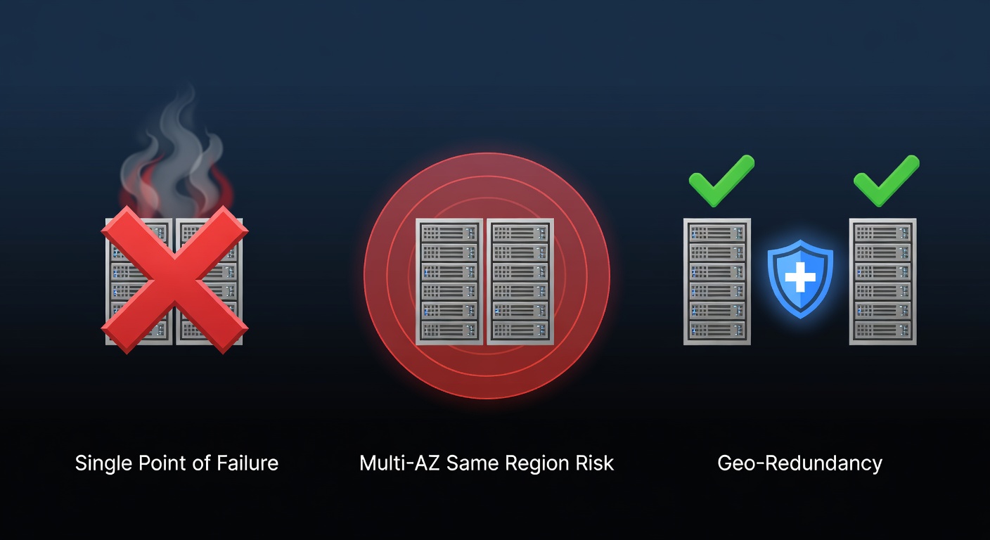 Vergleich von Single Point of Failure, Multi-AZ und Geo-Redundanz bei Server-Infrastruktur