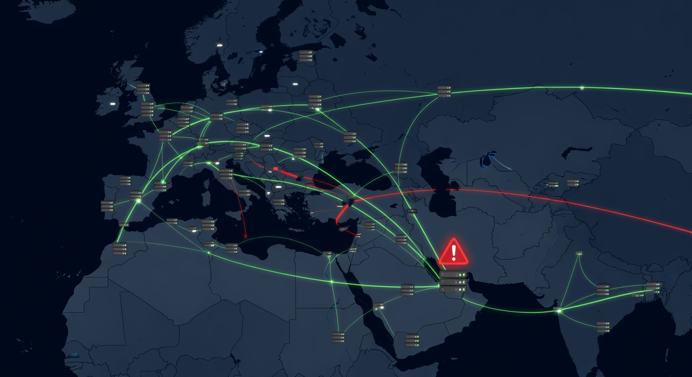 Weltkarte mit Rechenzentren und gestörten Verbindungslinien als Symbol für geopolitische Cloud-Risiken