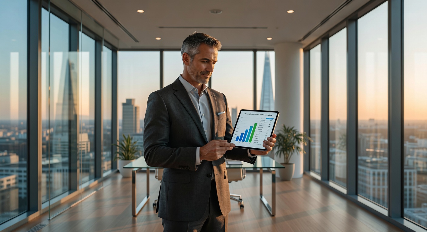 IT-Entscheider prüft DORA-Compliance-Daten auf einem Tablet im modernen Büro