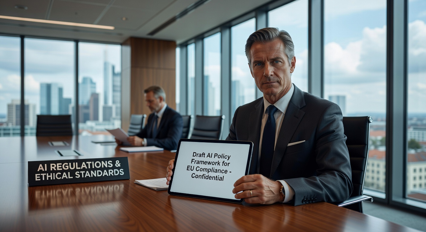 Europäischer Geschäftsführer prüft KI-Governance-Dokumente auf einem Tablet im Konferenzraum