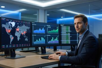 IT-Sicherheitsexperte analysiert KI-Sicherheitsdashboards in einer Bank