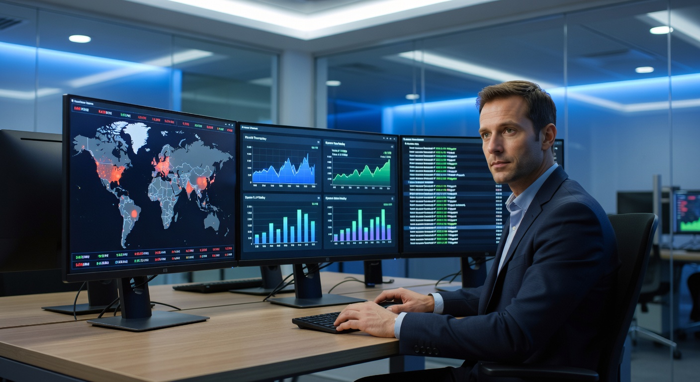 IT-Sicherheitsexperte analysiert KI-Sicherheitsdashboards in einer Bank