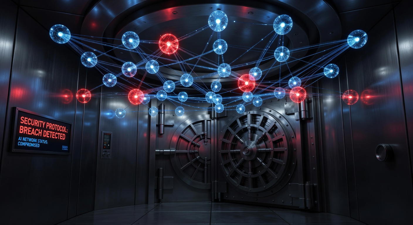 Konzeptdarstellung von KI-Agenten als vernetzte Knoten mit Sicherheitswarnungen