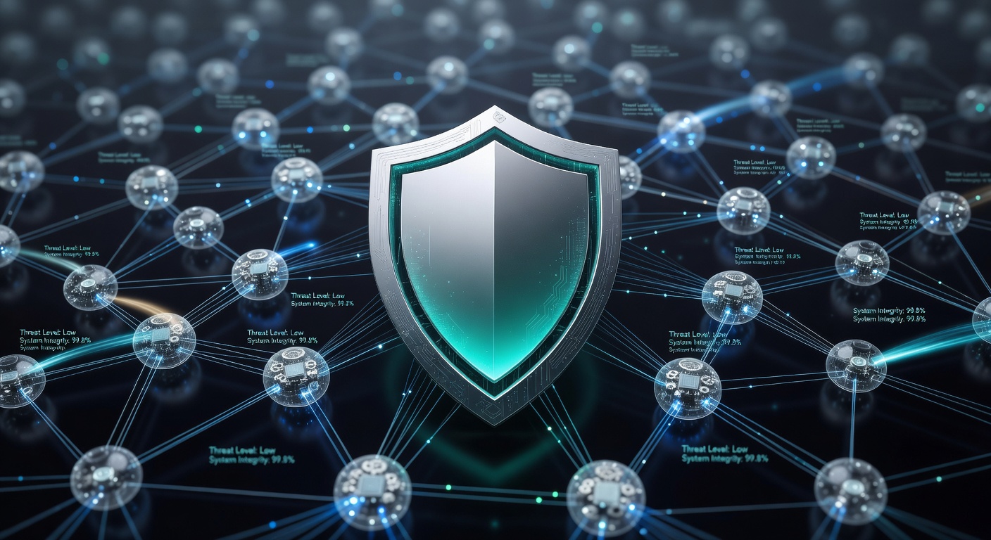 Visualisierung einer KI-Agenten-Sicherheitsarchitektur mit vernetzten Knoten und Schutzschild