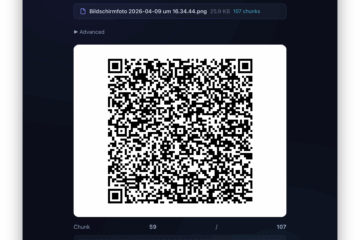 Screenshot der QR Transfer Web-App von Aionda - Datei wird in 107 QR-Code Chunks aufgeteilt