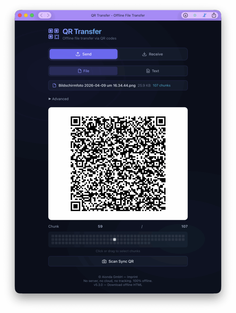 Screenshot der QR Transfer Web-App von Aionda - Datei wird in 107 QR-Code Chunks aufgeteilt