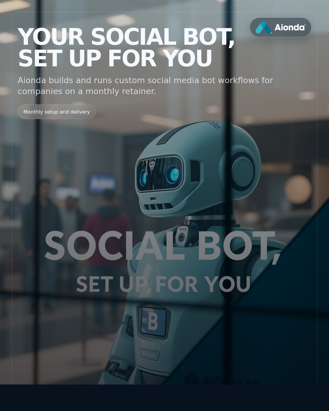 Premium B2B marketing visual for Aionda social media bot services